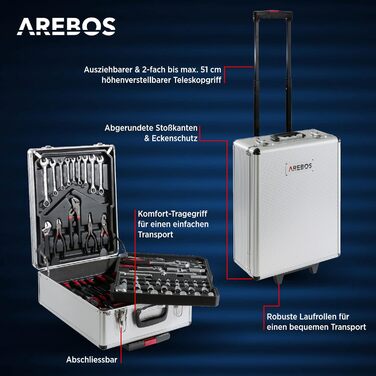Набір інструментів Arebos 1200 предметів в алюмінієвому кейсі на колесах | Валіза для інструментів з 4 відділеннями та телескопічною ручкою | Майстерня, гараж, дім