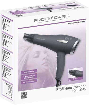 Фен для волосся ProfiCare 2200 Вт, Soft-Touch корпус, захист від перегріву, 3 режими, Cool Shot, 2 запасні фільтри, антрацит/срібло, PC-HT 3045