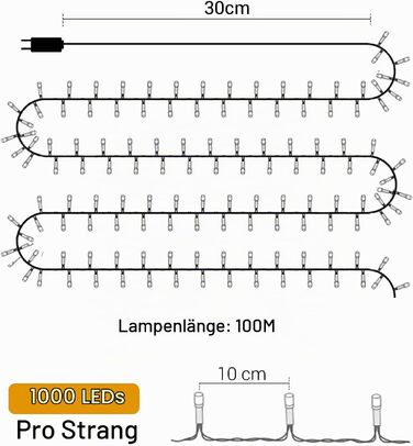 Світлодіодна гірлянда Quntis 100м, 1000 LED, теплий білий колір, для вулиці та дому, IP44, 8 режимів роботи, мережева