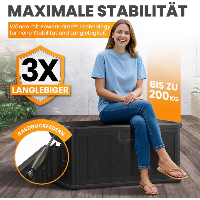 Водонепроникний садовий ящик Gartenbox 375L чорний - велика коробка для зберігання речей на вулиці, для подушок, садових меблів, посилок