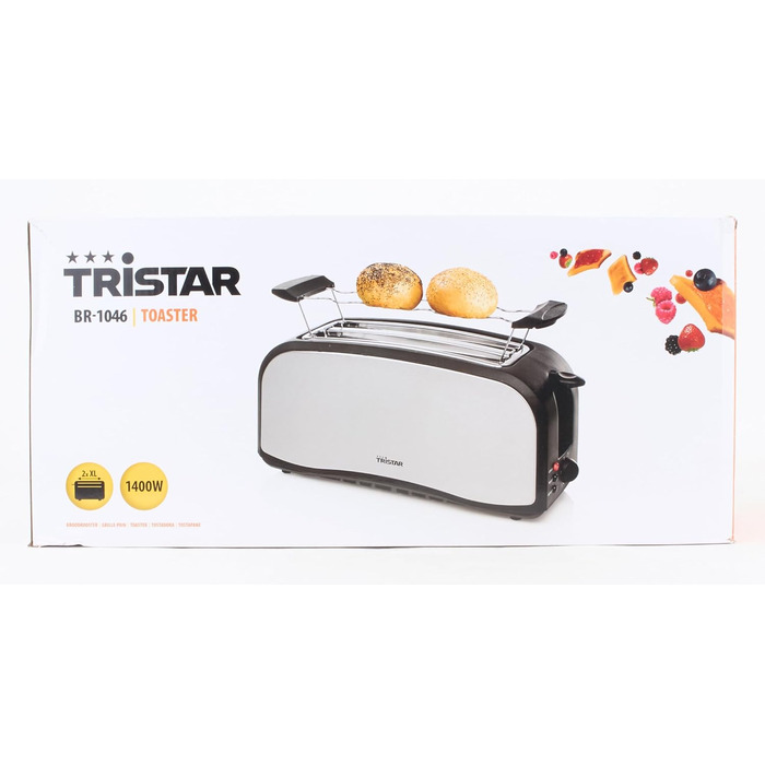 Тостер Tristar з нержавіючої сталі, 4 тости, 6 режимів підсмажування, насадка для булочок, довгі отвори, знімний піддон для крихт, функції скасування, розморожування та підігріву, модель BR-1046