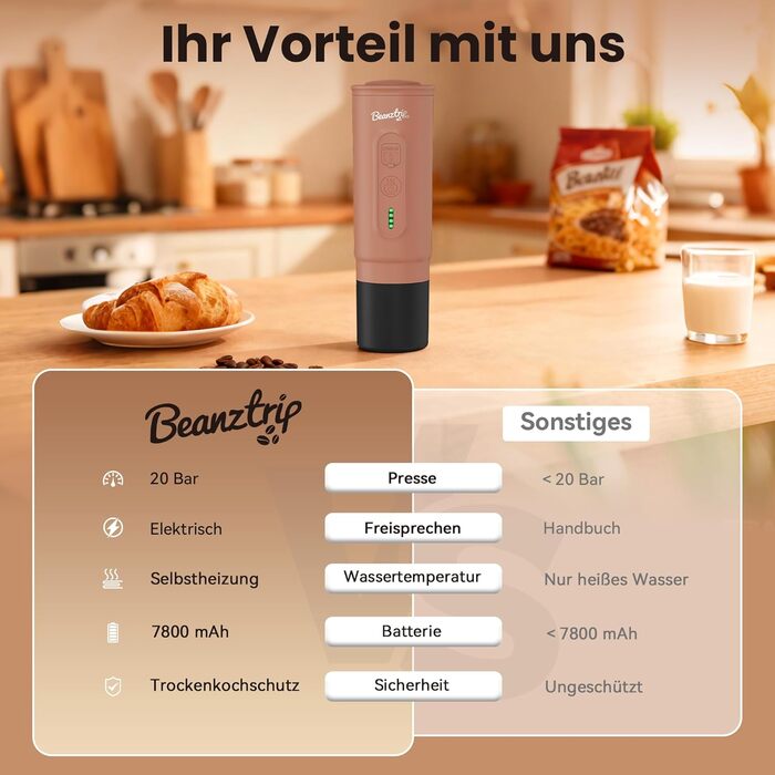 BeanzTrip H02 PRO портативна кавомашина з акумулятором, 2-в-1 для еспресо, сумісна з капсулами NS та меленою кавою, 20 Bar, USB-C, для подорожей, кемпінгу та автодому (Mokamus)