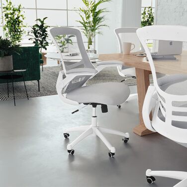 Ергономічне офісне крісло Flash Furniture, сітка, середньої висоти, з відкидними підлокітниками, світло-сіра сітка/білий каркас, 64.77x62.23x104.78 см