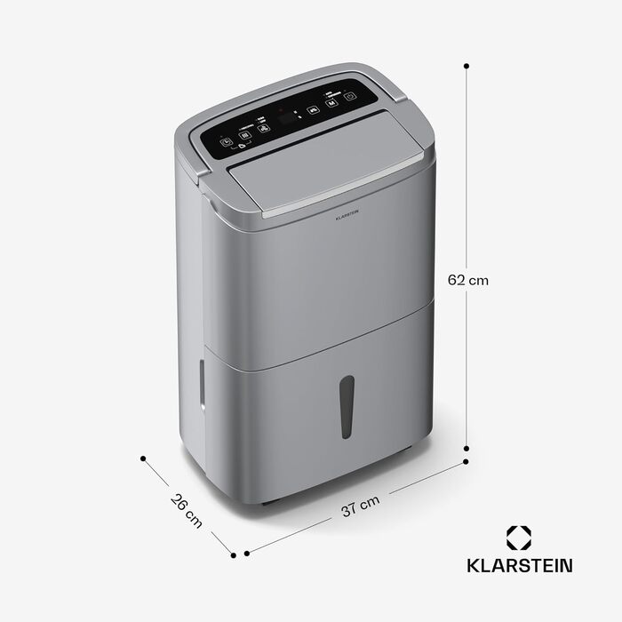 Електричний осушувач Klarstein DryFy 20L - 400W, 20л/день, 5л бак, 46dB, Auto-Swing, таймер, режим сушіння білизни, для дому та офісу, білий (40л, нержавіюча сталь)