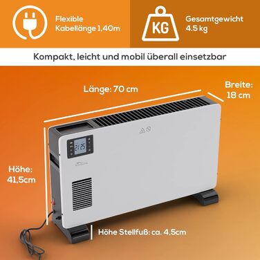 Електричний конвектор Tronitechnik з термостатом, 3 режими нагріву (1000/1300/2300 Вт), таймером, ручкою для перенесення, енергоощадний обігрівач