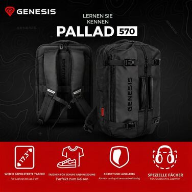 Рюкзак для ноутбука Genesis Pallad 550, 17.3 дюймів, 24-29 л, 19 кишень, чорний