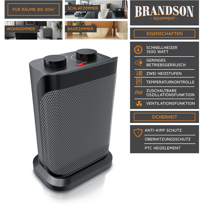 Керамічний обігрівач Brandson для ванної, енергозберігаючий, безшумний, з терморегулятором і термозахистом, 2 режими потужності
