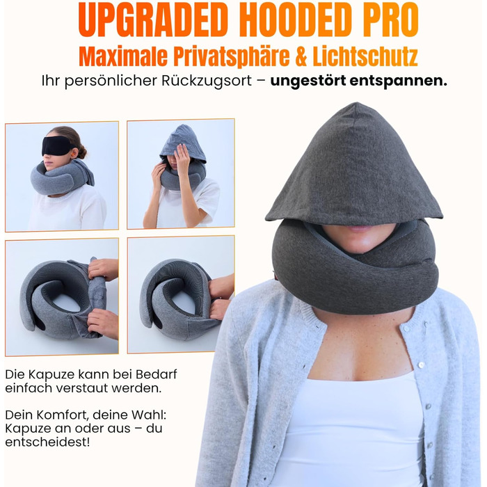 Подорожня подушка з капюшоном Hooded Pro з ефектом пам'яті для літака, авто та поїздок, бавовняна начіпка для сну, захист від світла, темно-сіра