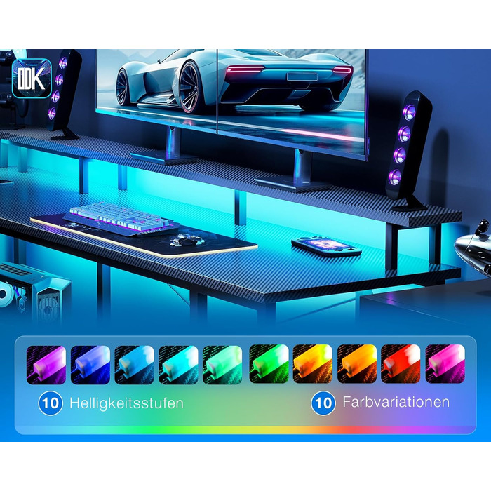 Ігровий кутовий стіл ODK Gaming з LED-підсвіткою та USB-портом, вуглецеве покриття, 168×120 см, чорний