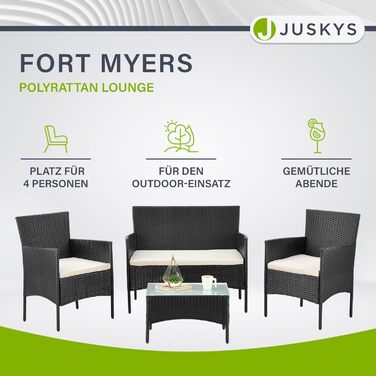 Набір садово-балкових меблів Juskys Polyrattan Fort Myers на 4 особи: диван 2 місця, 2 крісла, стіл, подушки (водостійкий, чорний/кремовий)
