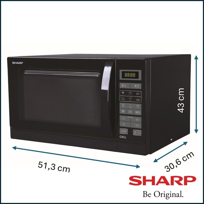 Мікрохвильова піч Sharp R742BKW 25 л з грилем, 900 Вт, чорна, LED-дисплей, 8 програм, дитячий захист, еко-режим