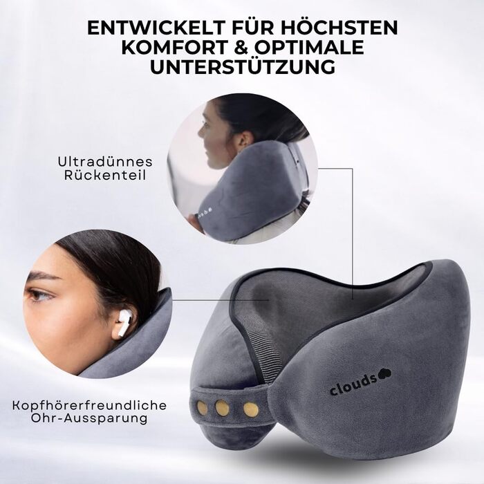Подорожня подушка для шиї CLOUDS з ефектом пам'яті (Memory Foam) для літака та авто, регульована, дихаюча тканина, сіра, розмір L/XL