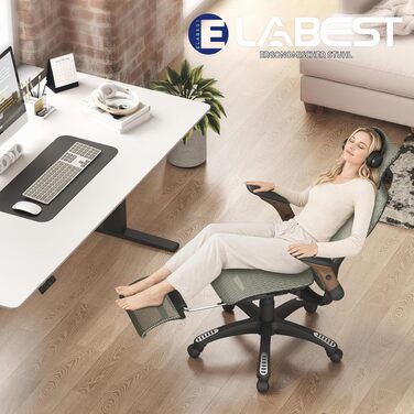 Ергономічне офісне крісло ELABEST X100 з високою спинкою, підголівником та підставкою для ніг, сітчаста оббивка (Olive-walnuss, нейлон)