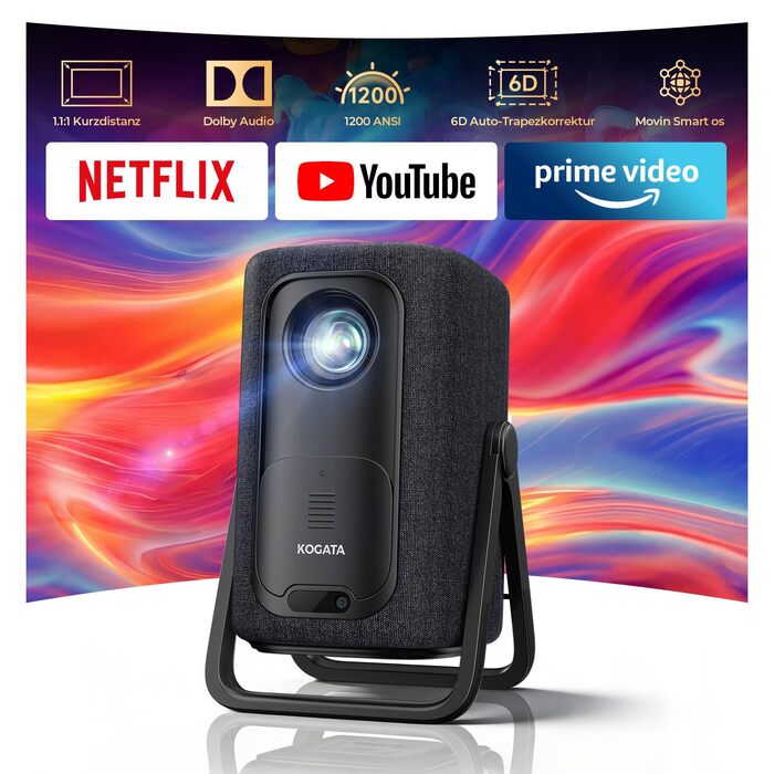 4K Smart проектор KOGATA: Короткофокусний, портативний, Dolby Audio, WiFi 6, Bluetooth 5.4 для дому, вулиці та саду