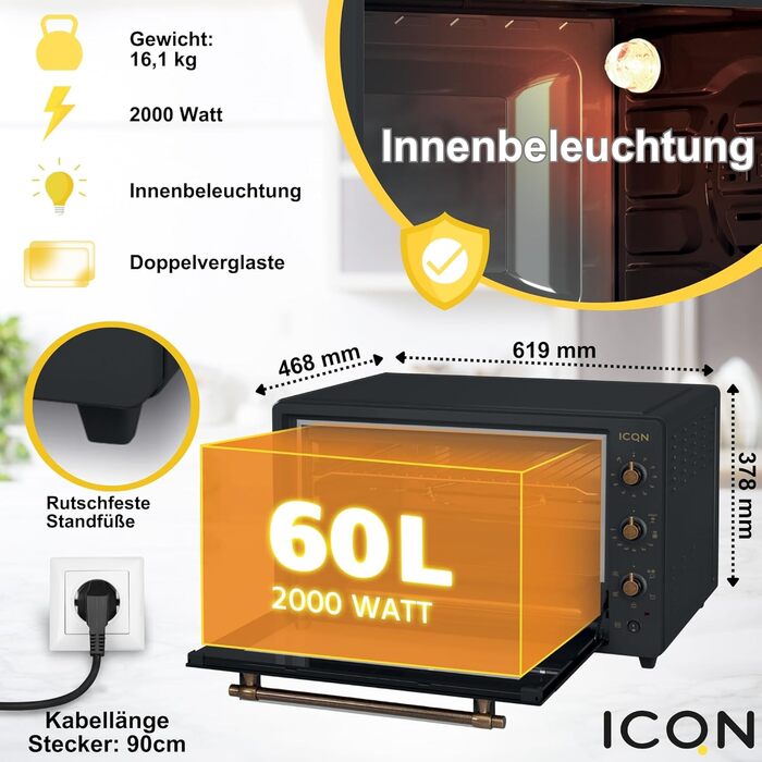 Міні-піч ICQN Rustik 60л XXL з конвекцією, вертелом, емальована, антрацит