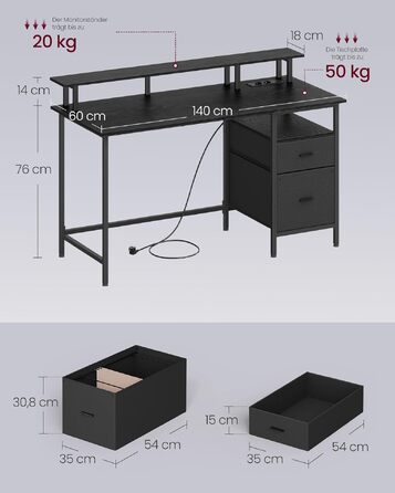 Ігровий стіл VASAGLE з шухлядами, тримачем для монітора та USB-портами, 140x60 см, чорний