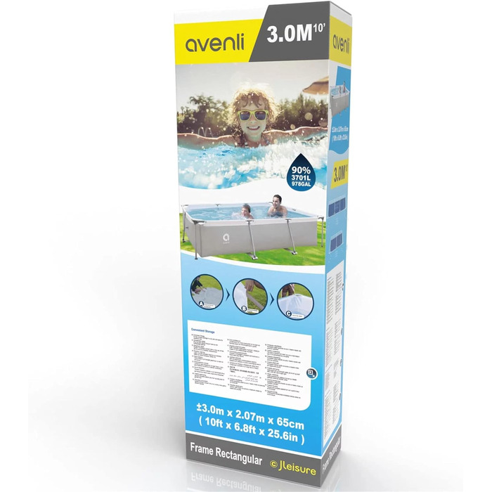 Басейн Avenli 300x207x65 см, прямокутний, металевий каркас, без насоса, сірий, збірний, для плавання