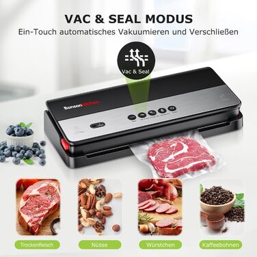 Вакууматор Bonsenkitchen для сухих та вологих продуктів з вбудованим різаком, чорний (в комплекті рулон та 5 пакетів)