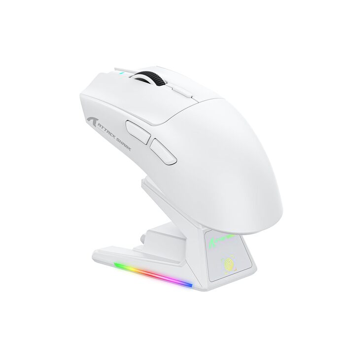 Ігрова миша Attack Shark X1 White: бездротова (BT/2.4G) та дротова, сенсор PixArt PAW3395PRO, 40000 DPI, вага 53г, з RGB док-станцією для зарядки, для Win11/Xbox/PS/Mac