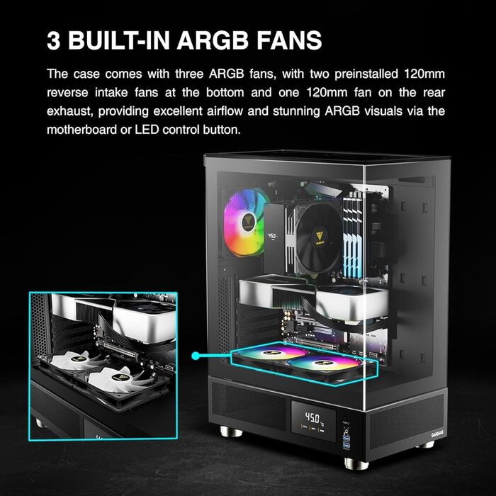 Корпус для ПК GAMDIAS Atlas E1 ATX Mid Tower з реальним монітором, 3 встановленими 120 мм ARGB вентиляторами, загартованим склом, високою вентиляцією, бічними отворами, чорний