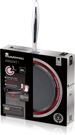 Сковорода MasterPRO Argent-3 24 см, антипригарна, індукційна, з багатошарової нержавіючої сталі 18/10, для всіх плит