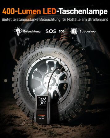 WOLFBOX 4000A: Пускозарядний пристрій з компресором 160PSI, 12V, 65W, 88.8Wh, для бензинових/дизельних двигунів 10L, LED-ліхтар, кабелі для пуску