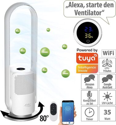 Безлопатевий турбовентилятор та очищувач повітря Sichler 2-в-1, 360°, HEPA, Wi-Fi, керування через додаток, 35 Вт – баштовий вентилятор з таймером для дому