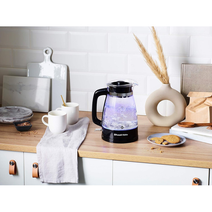 Тостер Russell Hobbs Textures+ (2 широкі слоти, підставка для булочок, 850 Вт, чорний) + Електричний чайник скляний Russell Hobbs Classic (1.7 л, 2400 Вт)