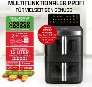 Аерофритюрниця GOURMETmaxx AirGenius 10L з двома камерами (2x5Л), сенсорним керуванням та 10 програмами приготування, для 8 осіб