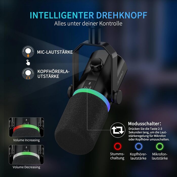 FEELWORLD PM1: Динамічний мікрофон XLR/USB з RGB-підсвіткою для подкастів, YouTube, геймінгу та студії. З навушником, підставкою та кабелем.