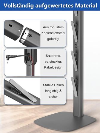 Стійка для пилососа Dyson Gen5 V15 V12 V11 V10 V8 V7 V6 - підлогова, без свердління, з 4 гаками, темно-сіра