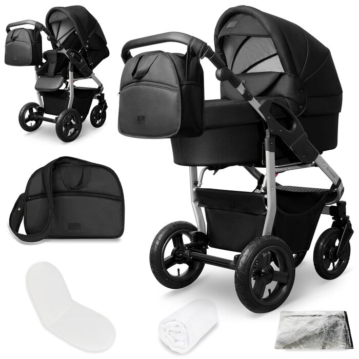 Дитяча коляска 3-в-1 Bergsteiger Capri – люлька, автокрісло i-Size, прогулянкове сидіння, повітряні колеса, амортизація, регульована ручка, складна, з аксесуарами (чорний/срібний)
