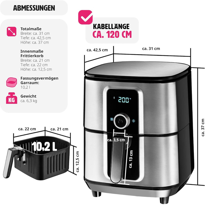 Tectake XXL аерофритюрниця 10,2 л, без олії, 8 програм, сенсорний дисплей, срібляста, рецепт у комплекті