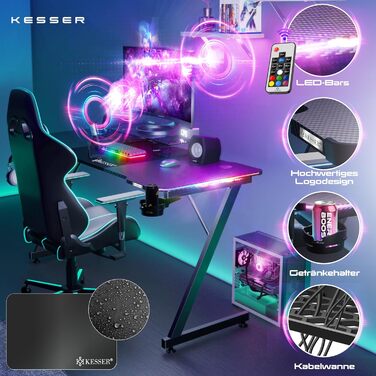 Ігровий стіл KESSER® LED 160x60 см з Z-подібною формою | З кріпленням для навушників та вуглецевим покриттям | Ергономічний стіл для ПК | Чорний, з тримачем для напоїв