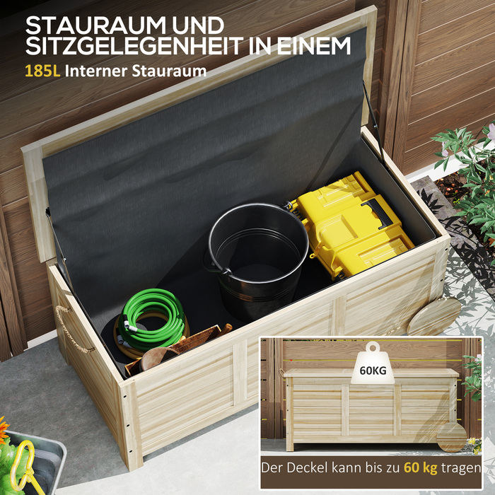 Outsunny Cushion Box 185 л Водонепроникний садовий ящик з колесами Дерев'яна погодостійка УФ-стійка подушка Коробка для зберігання Садова скриня для відкритого саду Балкон з натурального дерева