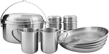 Набір посуду Tatonka Picnic Set IV з нержавіючої сталі для кемпінгу, 12 предметів: каструля, сковорода, тарілки та чашки, екологічний, для пікніка на 4 особи, сріблястий