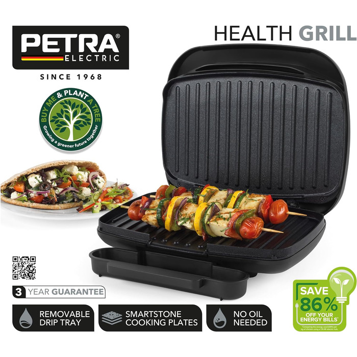 Контактний гриль Petra PT4366MBLKVDE з антипригарним покриттям Smartstone, знімною піддоном, для приготування паніні, м'яса, овочів, без олії, матовий чорний, електричний здоровий гриль