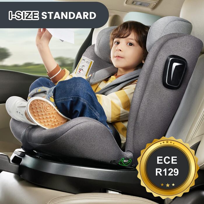Дитяче автокрісло Jovikids 360° з ISOFIX, i-Size 40-150 см, для дітей від народження до 12 років, реверсивне, з функцією лежання, знімним козирком, сертифікат ECE R129, темно-сіре