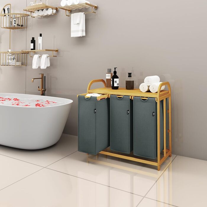 Кошик для білизни AdelDream з бамбуковою рамою 150 л, 3 секції, сірий, сортувальник білизни, дизайн із дугою