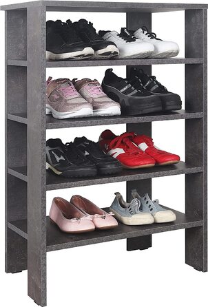 Вузька і висока полиця для взуття RICOO WM040-BG 88x60x32 см, 4-рівнева, пресована деревина, бетонний сірий, відкритий взуттєвий стелаж для передпокою