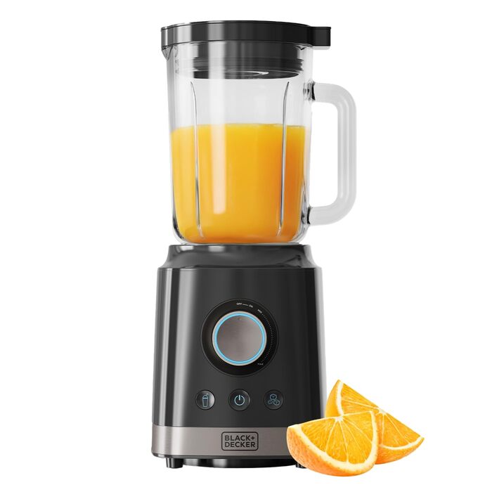 Блендер Black+Decker BXJB1201E 2200W з 2.2L скляною ємністю, 8 швидкостей, 6 нержавіюючих лез, функцією імпульсу, для приготування смузі та подрібнення льоду, LED-дисплей, система безпеки