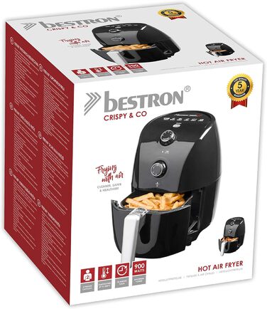 Фритюрниця Bestron AAF300 з гарячим повітрям, 1,5 л, 900 Вт, автоматичне вимкнення, технологія PrepAir, чорна