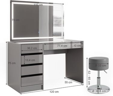 Туалетний столик Vicco Sherry, сірий глянець, 120 см з LED дзеркалом і пуфом