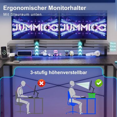 Ігровий кутовий стіл JUMMICO L-подібний 170x95 см з LED підсвіткою, регульованою підставкою під монітор, 3 шухляди, 2 розетки, 2 USB, сталевий каркас та стільниця з дерева (Чорний)