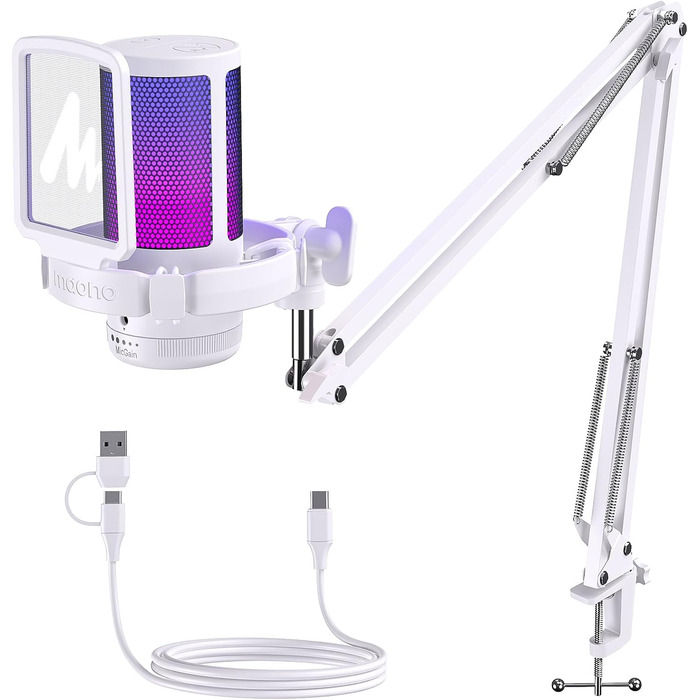 Ігровий USB мікрофон MAONO DGM20S з RGB-підсвіткою, шумозаглушенням, кнопкою вимкнення, регулятором гучності, тримачем і поп-фільтром для ПК, Mac, PS4, PS5