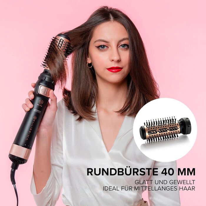 Фен-щітка Bellissima My Pro Revolution BHS4 1100, автоматична обертова, іонізація, кераміка, 1000 Вт, 2 насадки 40/50 мм, чорна/рожеве золото