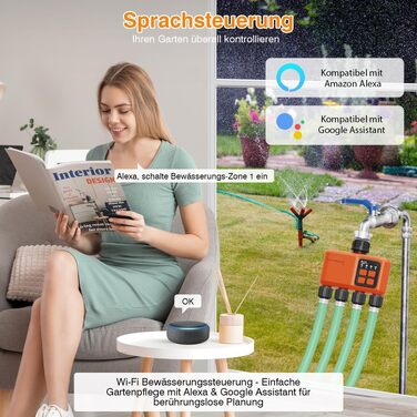Розумний контролер поливу WiFi з RF 300м, 4 виходи, керування зі смартфону та голосом, датчик дощу для саду, балкону, газону