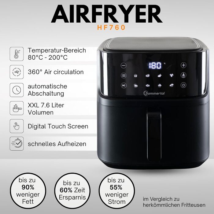 Аерофритюрниця з подвійною камерою Sommertal HF DUAL 900, 9 л, 2850 Вт, з функцією сушіння, сенсорним дисплеєм та 6 програмами, BPA-free