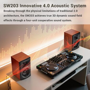 Sanyun SW203: Акустична система 4.0, 60W, 4-Way, DSP, 3D звук, USB/Bluetooth 5.4, AUX, для студії, пара, чорний