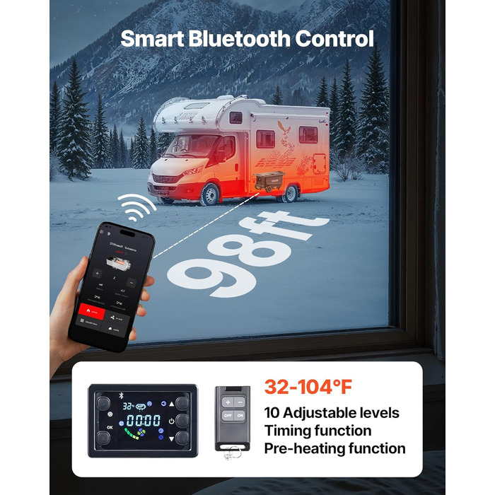 Дизельний обігрівач VEVOR 8 кВт, 12/24V, портативний з Bluetooth, пультом та LCD, 5л бак для вантажівок/автобусів